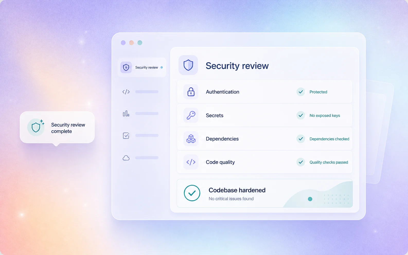 Security review dashboard showing authentication, secrets, dependencies, and code-quality checks completed