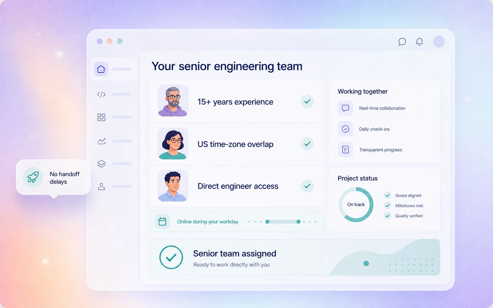 Senior engineering team dashboard showing experienced US-based engineers, workday overlap, and direct collaboration